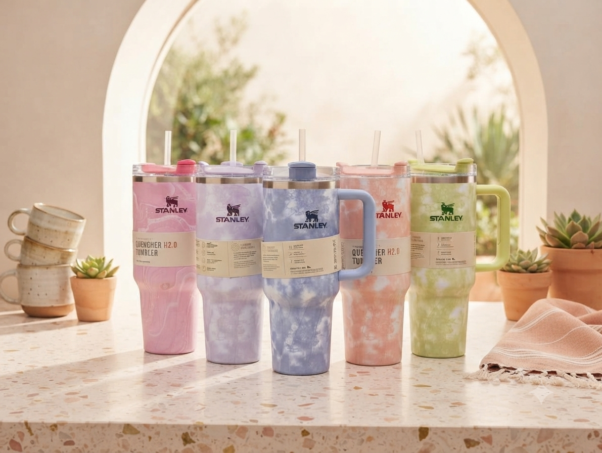 Stanley Quencher Multicolor Tumbler – White Marble Print | Silver Lid & Straw Gold Pink Ombre | Magenta