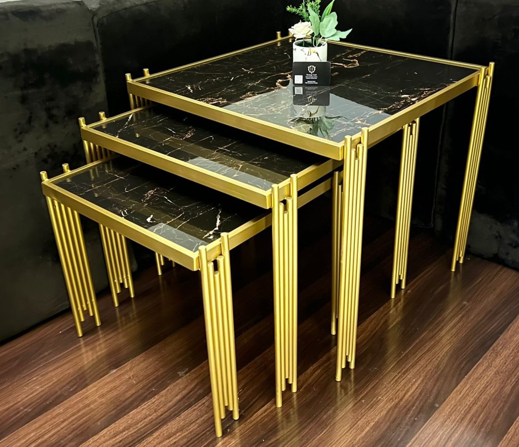Elegant nesting Tables With Glass And Steel Frames stainless steel furniture & dining table by Khreedoo Furniture Home decor
