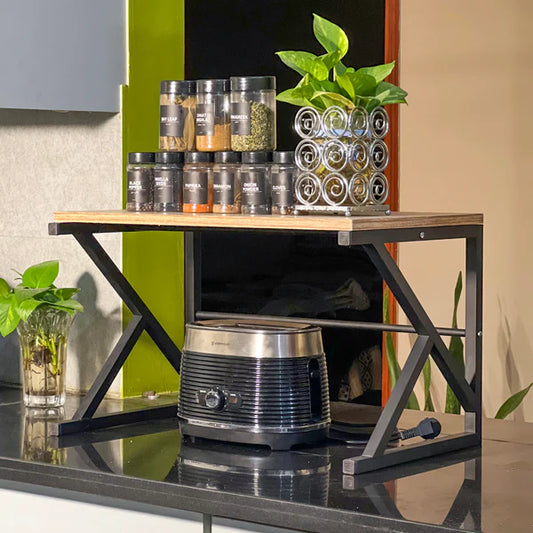 Metal Microwave Shelf  a heavy-duty black powder-coated Metal microwave rack modern aesthetic with unmatched stability and style.