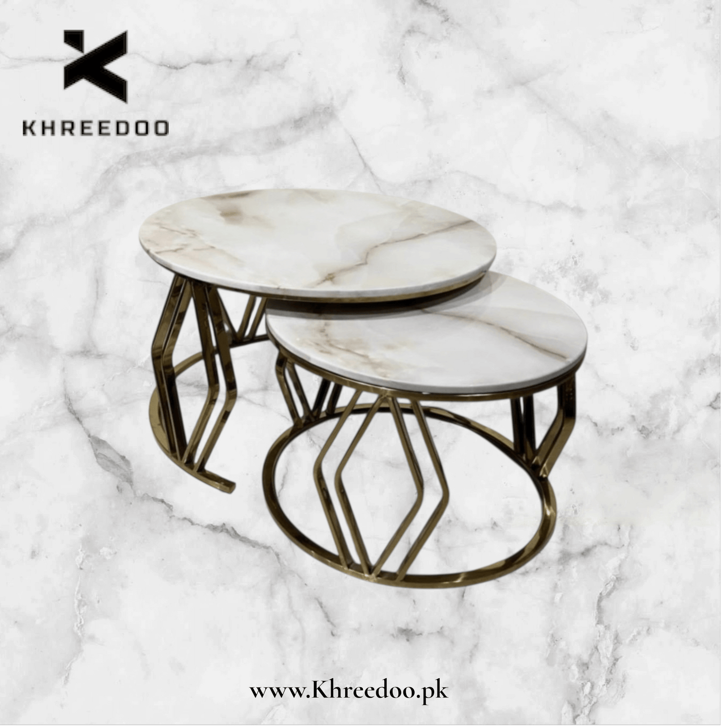 Luxury Marble Top  2 Nesting Tables - Gold Geometric Metal Frame Center Table Set