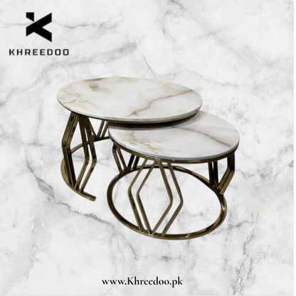 Luxury Marble Top  2 Nesting Tables - Gold Geometric Metal Frame Center Table Set
