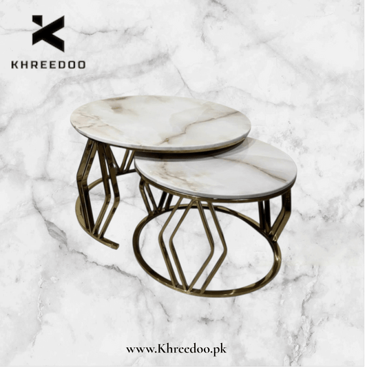 Luxury Marble Top  2 Nesting Tables - Gold Geometric Metal Frame Center Table Set