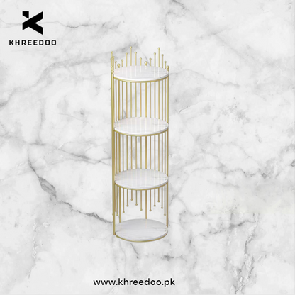 Royal Crown-Inspired Four and Three-Tier Gold Display Rack with Marble Texture Finish Shelves – Modern Luxury Organizer Stand for Salons, Boutiques, and Home Decor