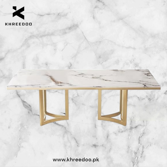 Dining Table for 6 person , for Kitchen & Dining Room, Luxury White Marble texture sheet Table Top with Gold metal frame(Dining Table Only)