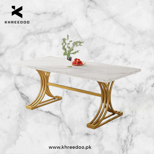 Rectangular Dining Table for 4 to 6, White Gold Kitchen Tables for Dining Room, Modern Dinner Table with Marble texture Top and Stylish Metal Legs (Only Dining Table)