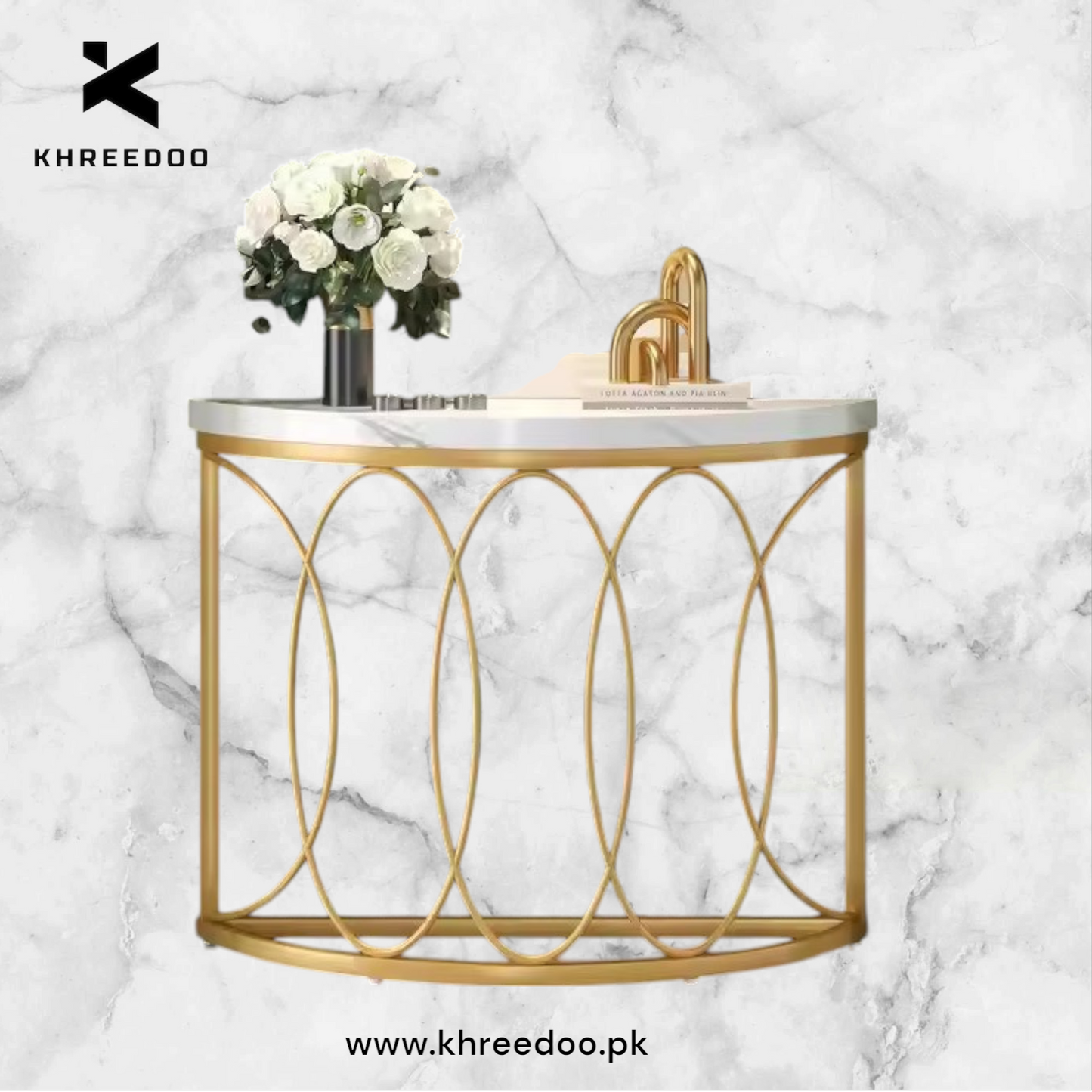 Beautiful White top Gold Frame Console Table  Half Moon Sofa Entryway Desk for Living Room Antique Display