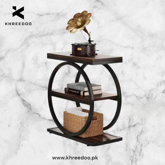 Three-Tier Wooden Shelves Framed in Bold Black Rings, Ideal for Living Room Elegance, Book Storage, and Coffee Moments 3 Storage Shelves