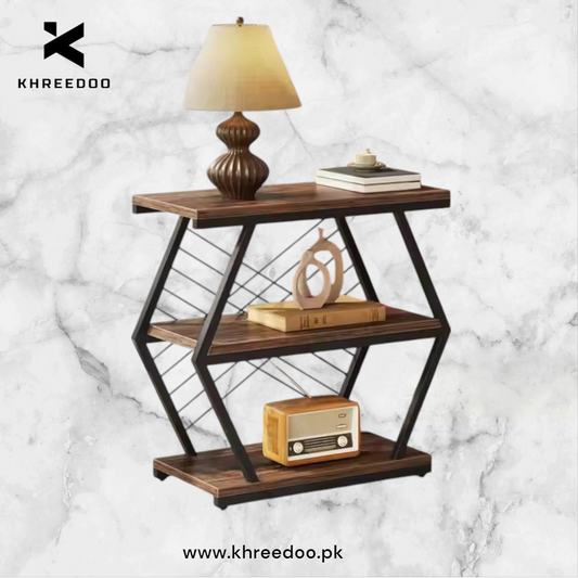Three-Tier Wooden Shelve, Black frame wooden marble texture top Perfect for Living Room Storage, It a Stylish and Functional Addition to Contemporary Home Spaces."