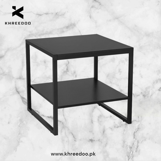 Black Metal Frame Side Table with 2-Tier Storage Modern Minimalist Nightstand, End Table or Living Room Accent Piece with Sleek Matte Finish and Open Shelf Design for Books,