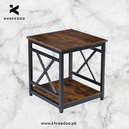 Triangle shape Frame Side Table Wooden Accent Table with Geometric Metal Design, 2-Tier Storage Elegant and Functional Home Styling."