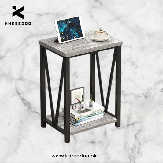 "Modern Edge V-Frame Narrow Side Table with Dark Wood Finish – Compact End Table with Geometric Metal Design and 2-Tier Open Storage – Perfect for Living Room, Bedroom, or Entryway Décor – Sleek,