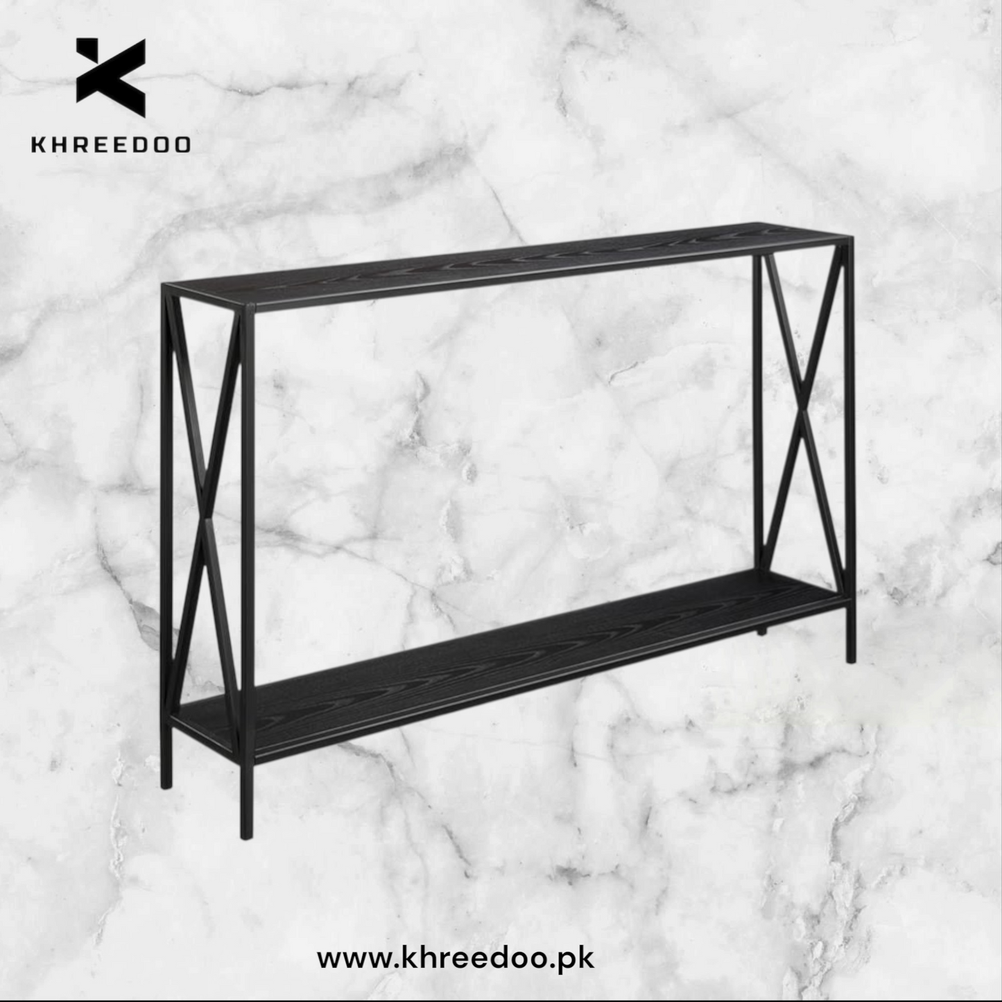 Black Metal Frame with Dual Shelves and Crossed Side Design, Perfect for Entryways, Hallways, or Behind Sofas