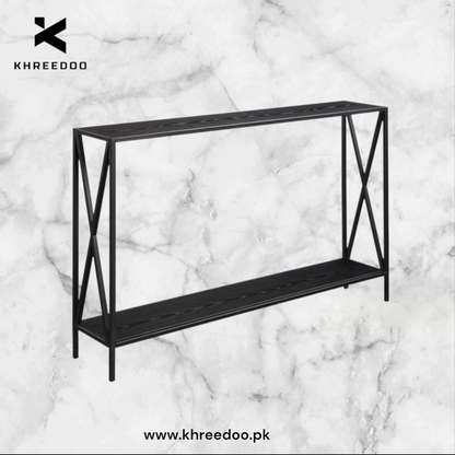Black Metal Frame with Dual Shelves and Crossed Side Design, Perfect for Entryways, Hallways, or Behind Sofas