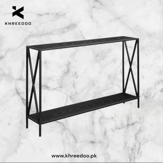 Black Metal Frame with Dual Shelves and Crossed Side Design, Perfect for Entryways, Hallways, or Behind Sofas