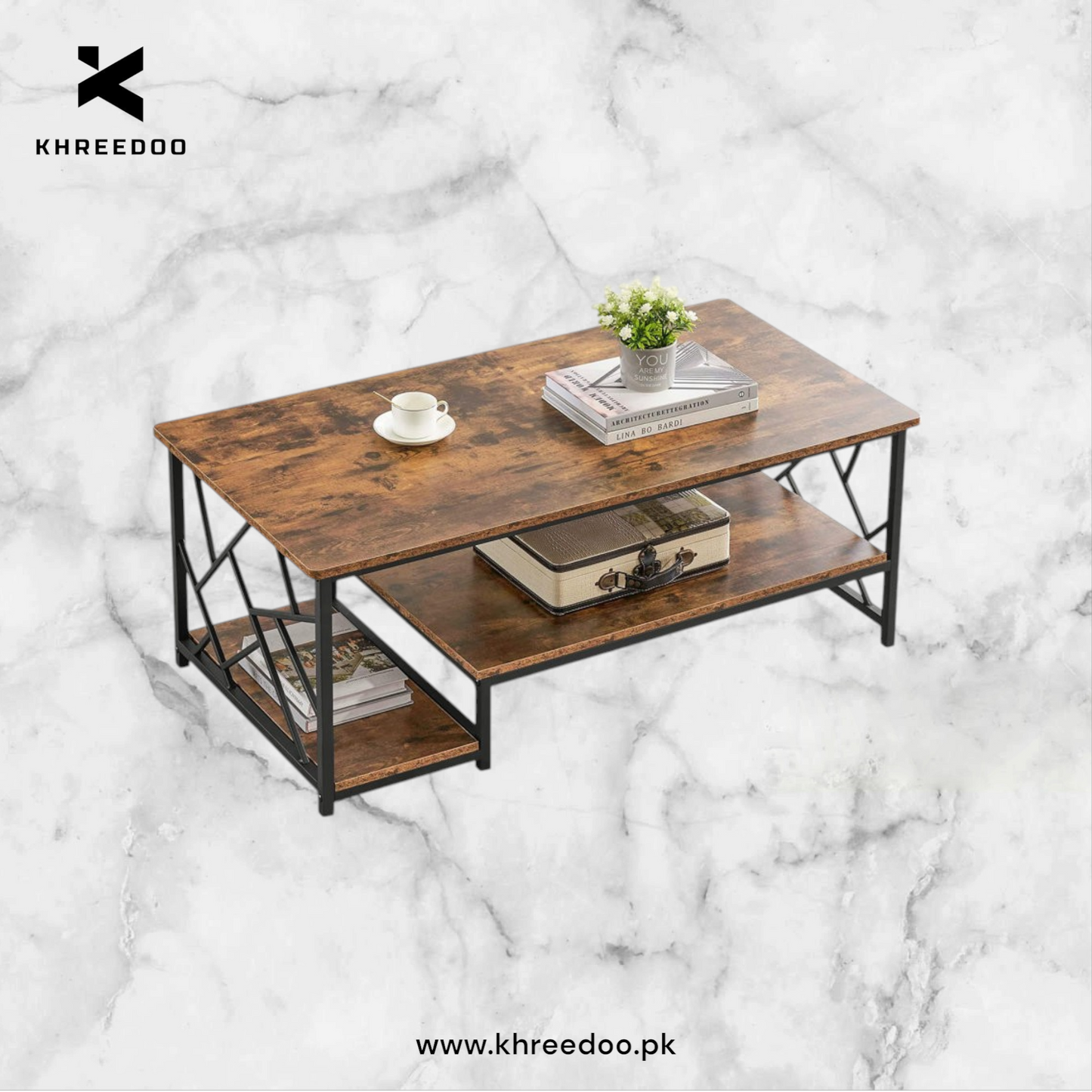 2 tier  Rectangle shape brown marble sheet black iron frame new and modern design center with Storage table for living room