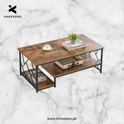 2 tier  Rectangle shape brown marble sheet black iron frame new and modern design center with Storage table for living room
