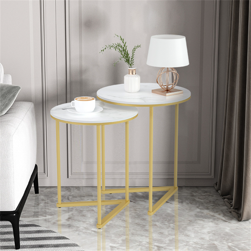 Gold Nesting Side Tables Set of 2 with Marble Desktop