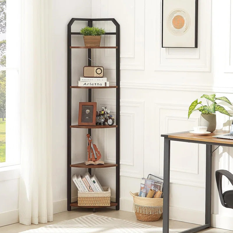 Corner Book Shelf 5 Tier Industrial Corner Bookcase Elegant Look & Deion