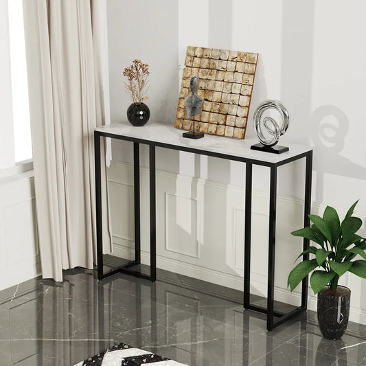 Modern White Marble Console Table with Black Metal Legs