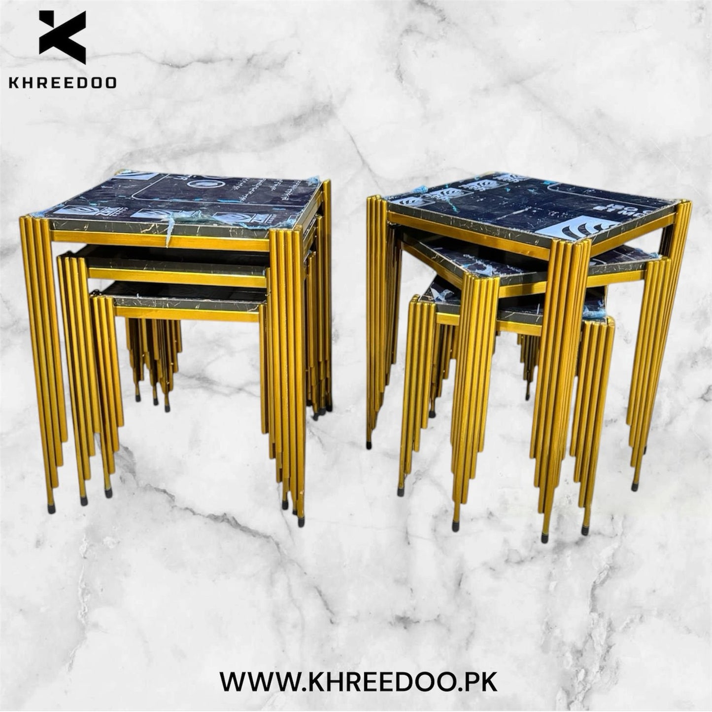 Elegant nesting Tables With Glass And Steel Frames stainless steel furniture & dining table by Khreedoo Furniture Home decor