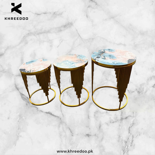 3 Set Of Nesting Table Luxury Style Elegant nesting Tables With wooden marble texture sheet And metal Frames for living room