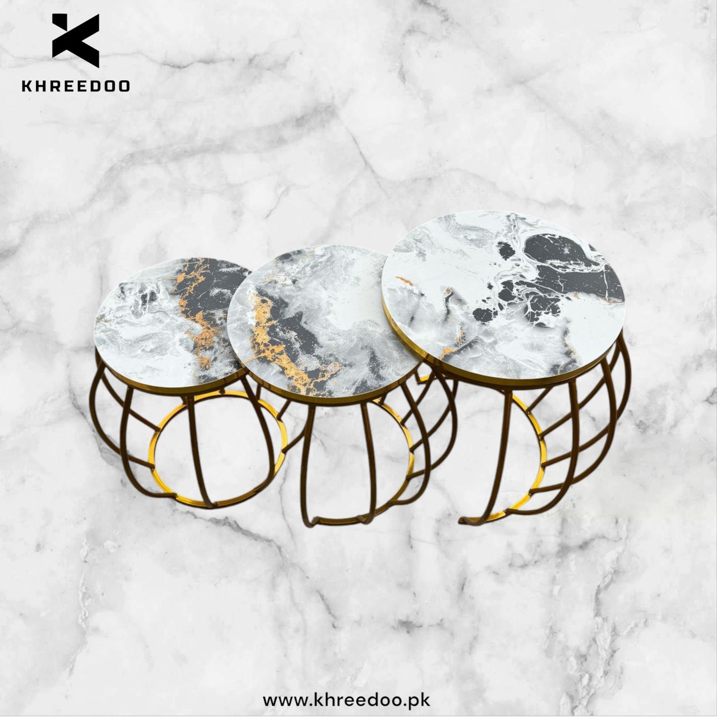 New elegant design 3 pc round nesting table set with wooden marble texture top and metal frame for living room