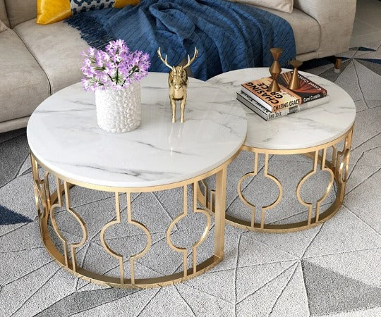 2 Pieces Round Shape Center Table With decent design Wooden Marble Texture Top