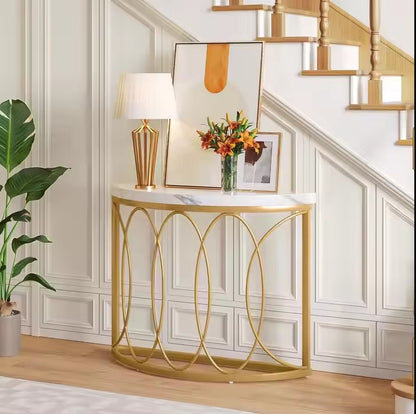 Beautiful White top Gold Frame Console Table  Half Moon Sofa Entryway Desk for Living Room Antique Display