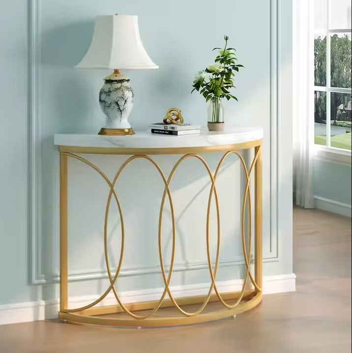 Beautiful White top Gold Frame Console Table  Half Moon Sofa Entryway Desk for Living Room Antique Display
