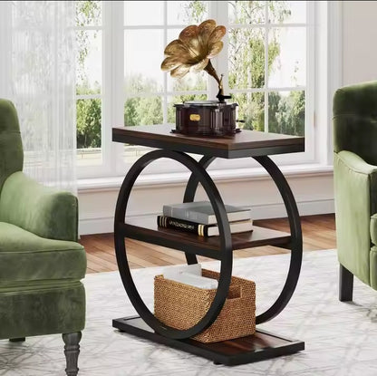 Three-Tier Wooden Shelves Framed in Bold Black Rings, Ideal for Living Room Elegance, Book Storage, and Coffee Moments 3 Storage Shelves