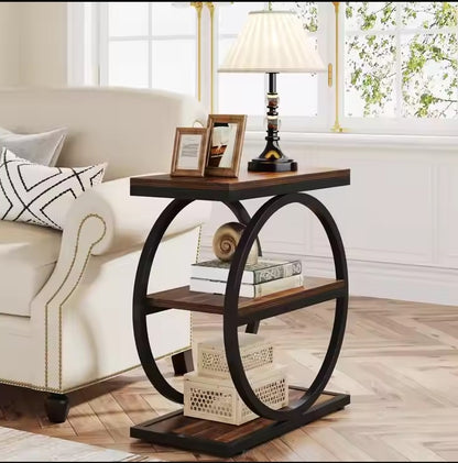 Three-Tier Wooden Shelves Framed in Bold Black Rings, Ideal for Living Room Elegance, Book Storage, and Coffee Moments 3 Storage Shelves