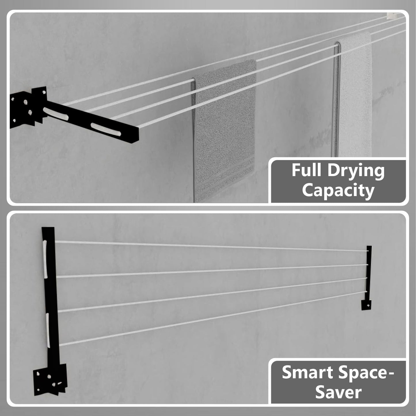 Wall-mounted foldable cloth drying stand with strong metal brackets and durable rope 12-24"