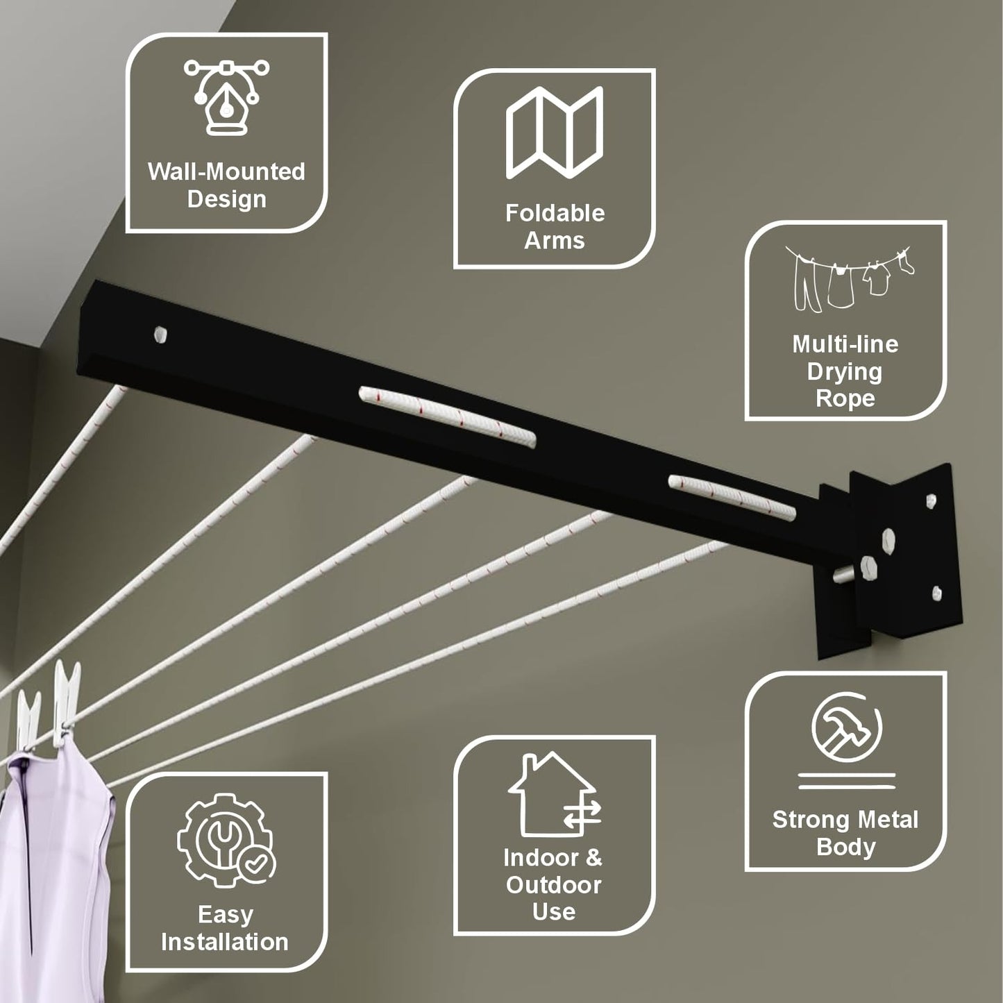 Wall-mounted foldable cloth drying stand with strong metal brackets and durable rope 12-24"
