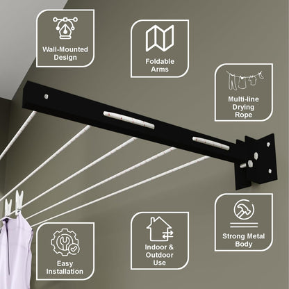 Wall-mounted foldable cloth drying stand with strong metal brackets and durable rope 12-24"