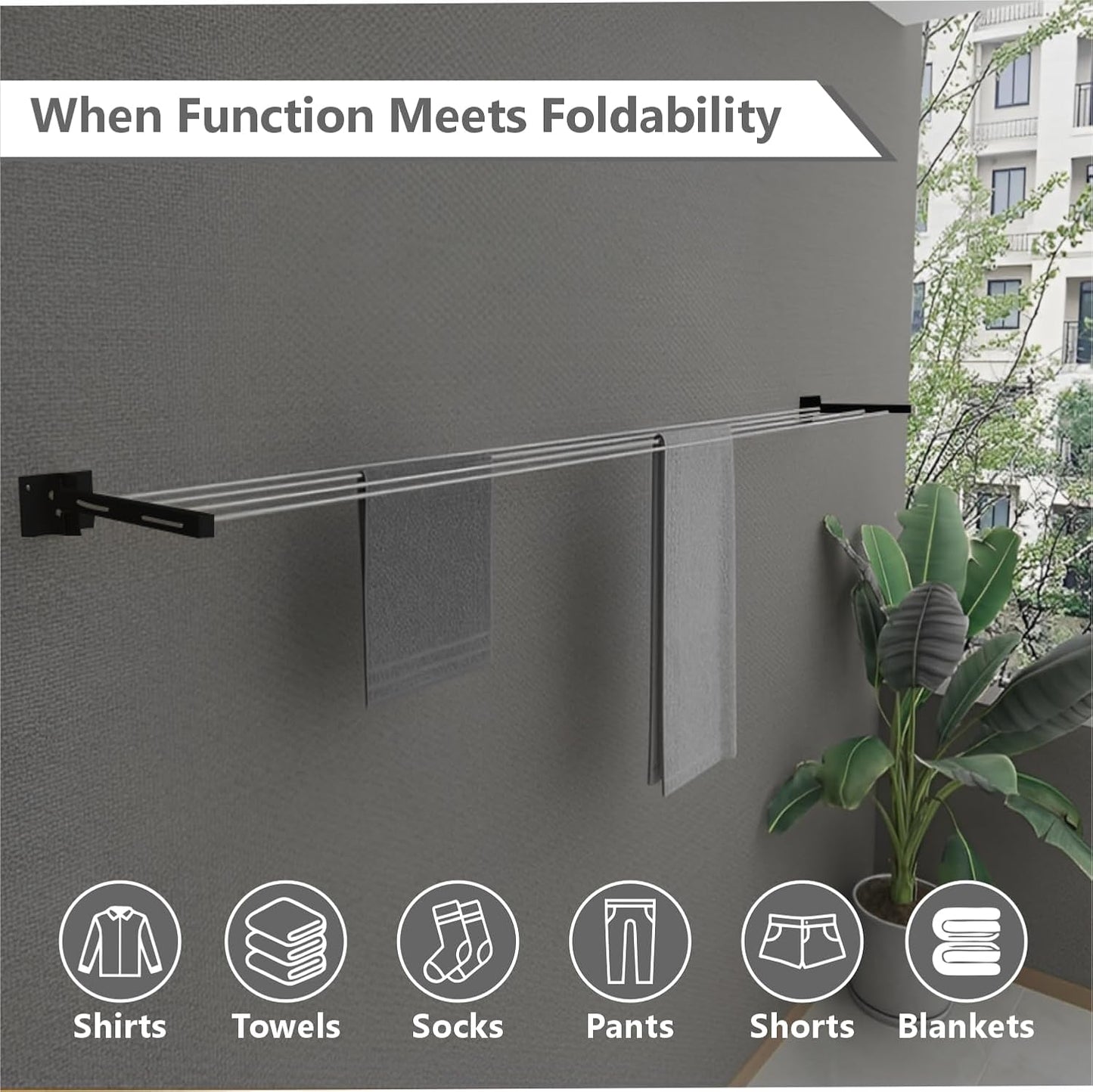 Wall-mounted foldable cloth drying stand with strong metal brackets and durable rope 12-24"