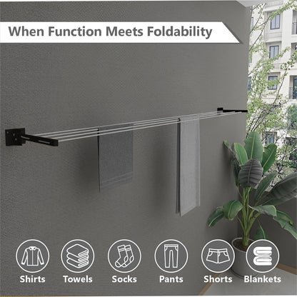 Wall-mounted foldable cloth drying stand with strong metal brackets and durable rope 12-24"