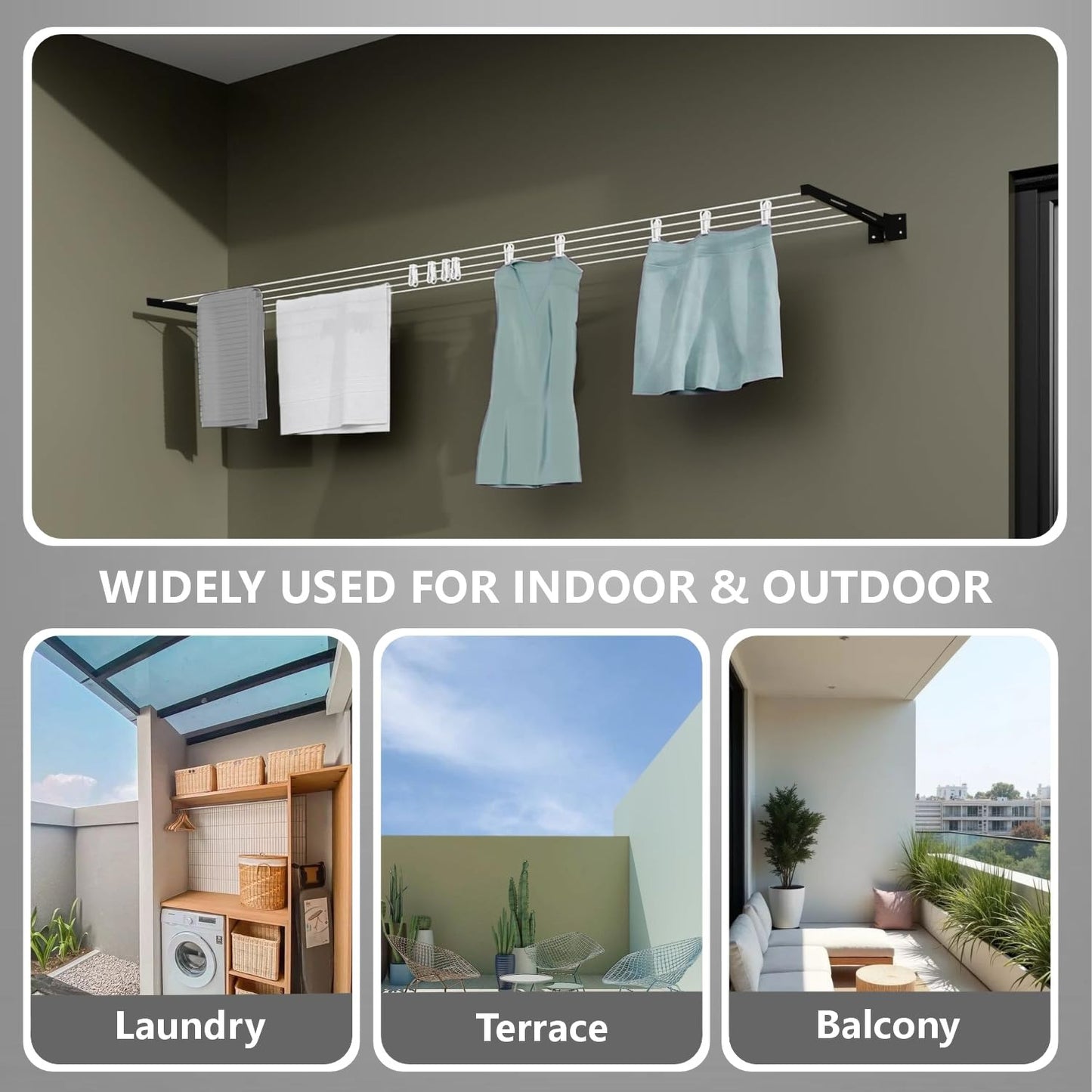 Wall-mounted foldable cloth drying stand with strong metal brackets and durable rope 12-24"