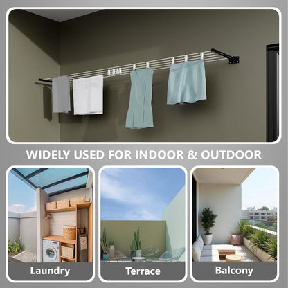 Wall-mounted foldable cloth drying stand with strong metal brackets and durable rope 12-24"