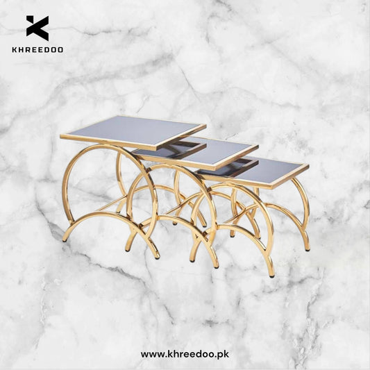 3 Pc Nesting Set With Unique & Elegance Design Space-Saving Nesting Set In wooden Marble Texture and Metal Frame