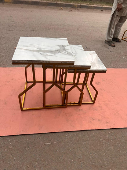 Contemporary Golden Metal Frame Nesting Tables with High-Quality Marble Texture Tops Premium Interior Styling
