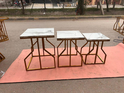Contemporary Golden Metal Frame Nesting Tables with High-Quality Marble Texture Tops Premium Interior Styling