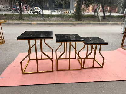 Contemporary Golden Metal Frame Nesting Tables with High-Quality Marble Texture Tops Premium Interior Styling