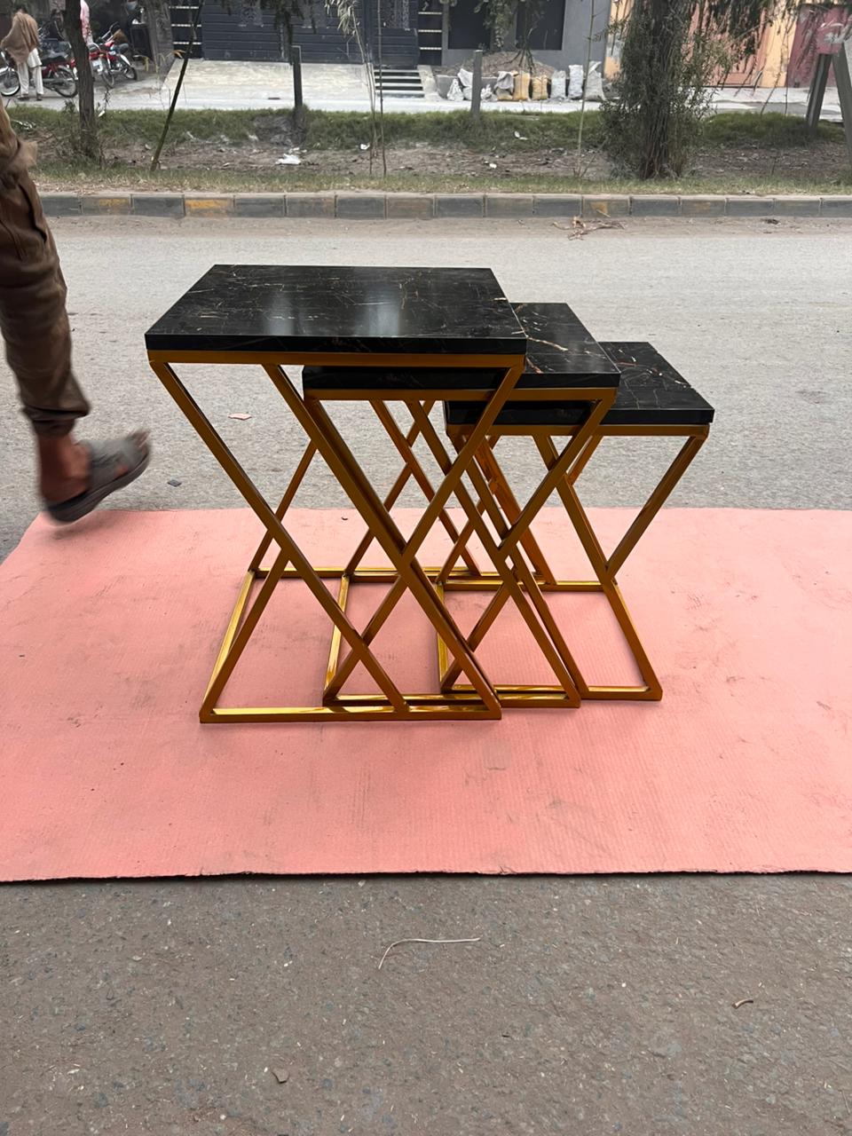 Luxury Modern Marble Top Nesting Table Set with Golden Metal Zigzag Frame – Premium Space-Saving Side Tables for Living Room