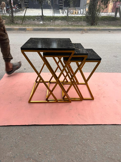 Luxury Modern Marble Top Nesting Table Set with Golden Metal Zigzag Frame – Premium Space-Saving Side Tables for Living Room