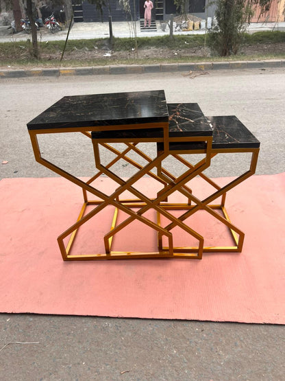 Premium Marble Design Nesting Table Set with Heavy-Duty Golden Steel FrameModern Side Table Set for Everyday Convenience