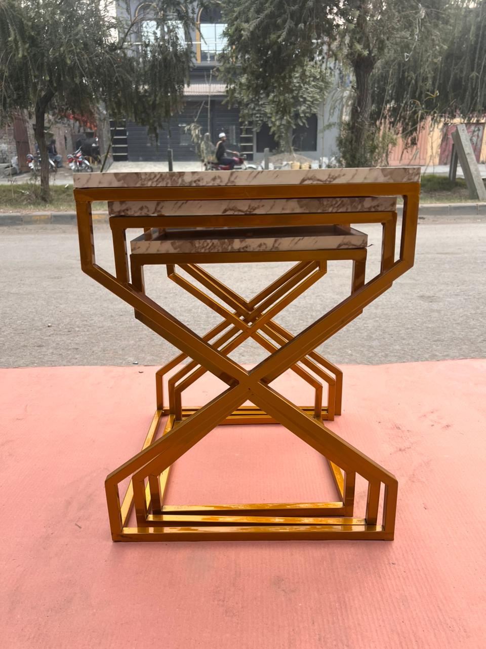 Premium Marble Design Nesting Table Set with Heavy-Duty Golden Steel FrameModern Side Table Set for Everyday Convenience