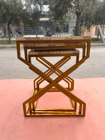 Premium Marble Design Nesting Table Set with Heavy-Duty Golden Steel FrameModern Side Table Set for Everyday Convenience
