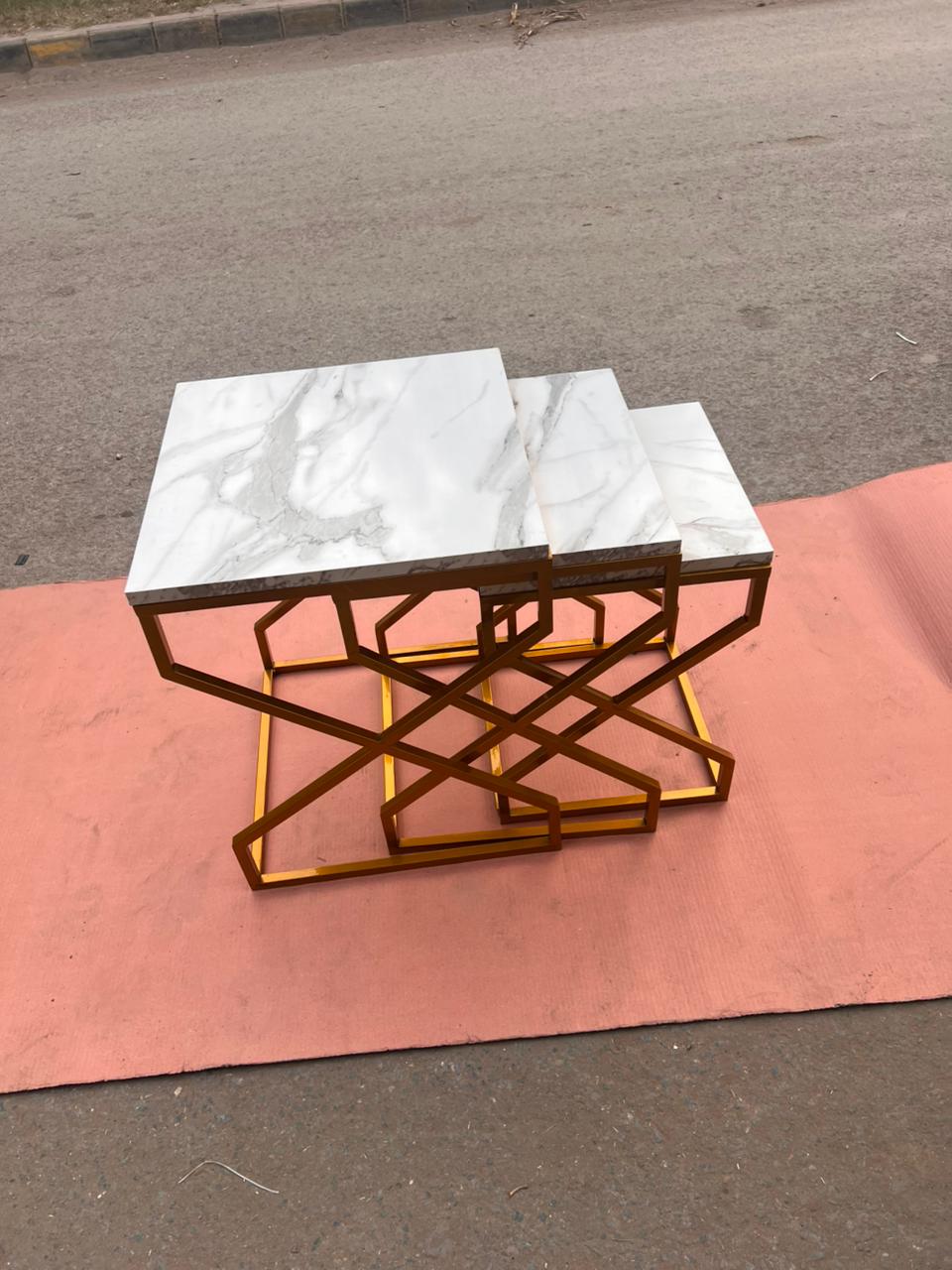 Premium Marble Design Nesting Table Set with Heavy-Duty Golden Steel FrameModern Side Table Set for Everyday Convenience