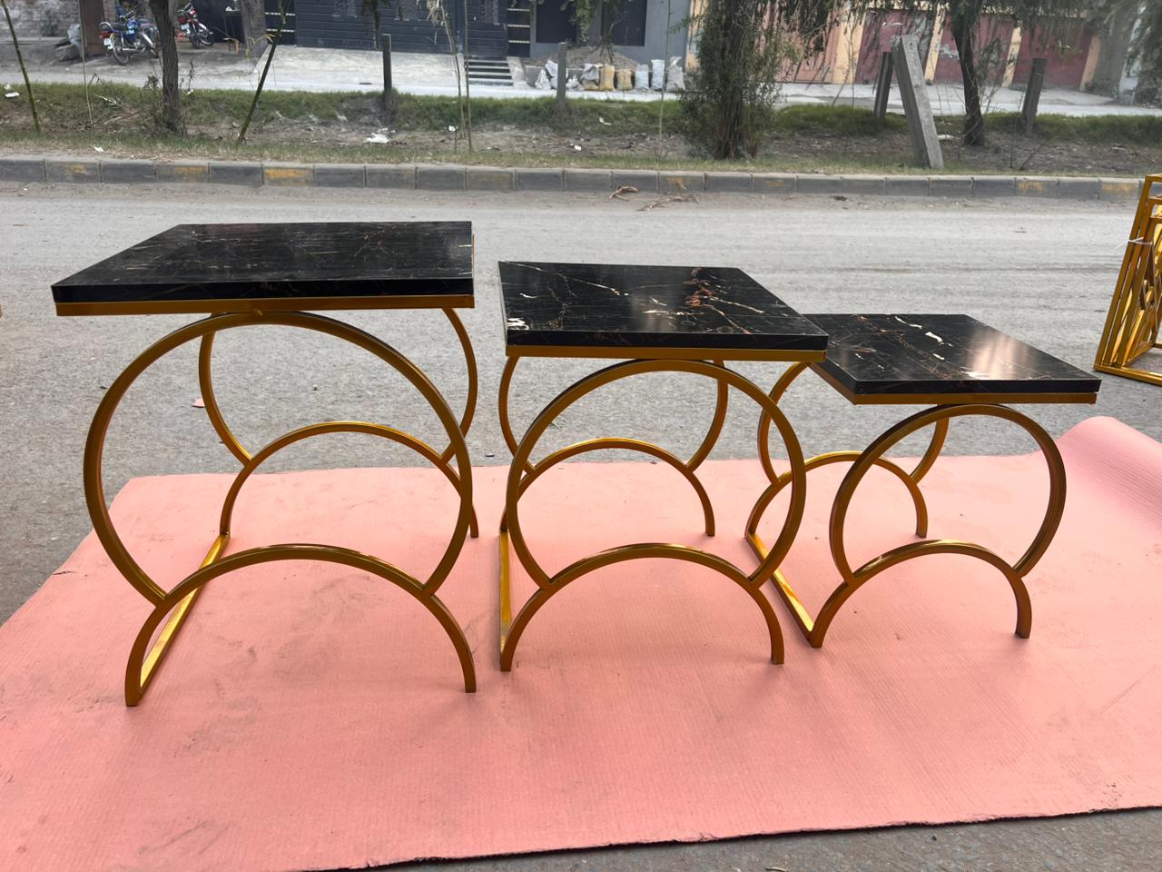 Luxury Nesting Table Set - Gold Metal Base with Marble Texture Tops