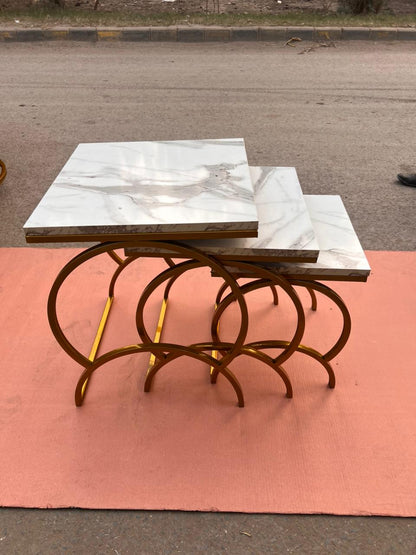 Luxury Nesting Table Set - Gold Metal Base with Marble Texture Tops